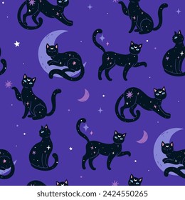 Seamless pattern of graceful night star magic cats. Vector graphics.