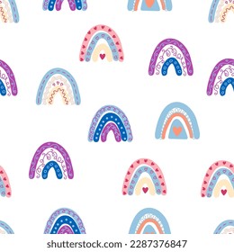Seamless pattern graceful rainbows in boho colors. Scandinavian baby hand style for newborns