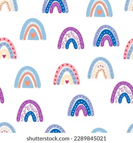 Seamless pattern graceful rainbows in boho colors. Scandinavian baby hand style for newborns