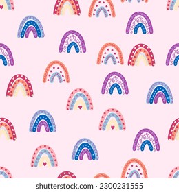 Seamless pattern graceful rainbows in boho colors. Scandinavian baby hand style for newborns