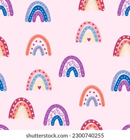 Seamless pattern graceful rainbows in boho colors. Scandinavian baby hand style for newborns