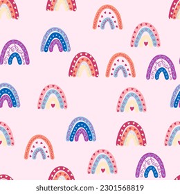 Seamless pattern graceful rainbows in boho colors. Scandinavian baby hand style for newborns