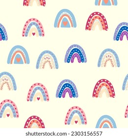 Seamless pattern graceful rainbows in boho colors. Scandinavian baby hand style for newborns