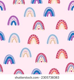Seamless pattern graceful rainbows in boho colors. Scandinavian baby hand style for newborns