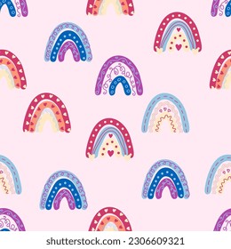 Seamless pattern graceful rainbows in boho colors. Scandinavian baby hand style for newborns