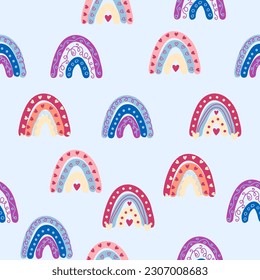Nahtlose Muster anmutige Regenbögen in Boho-Farben. Skandinavischer Babyhandstil für Neugeborene