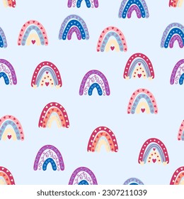 Seamless pattern graceful rainbows in boho colors. Scandinavian baby hand style for newborns