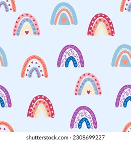 Seamless pattern graceful rainbows in boho colors. Scandinavian baby hand style for newborns