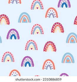 Seamless pattern graceful rainbows in boho colors. Scandinavian baby hand style for newborns