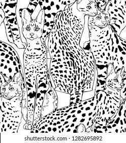 Seamless pattern. Graceful wild cats. African Serval  characters. Textile composition, hand drawn style print. Vector black and white illustration.