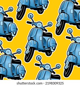 Seamless Pattern of Gradient Blue Metallic Shiny Retro Bike Italian Scooter Thick Line Art Black Shadow White Outline Stickers on Yellow Background