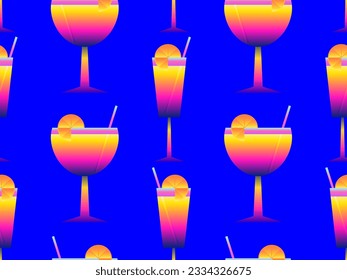 Seamless pattern with gradient cocktails with straws. Alcoholic cocktail with a straw and a slice of orange in the style of the 80s. Design of wallpaper and banner. Vector illustration