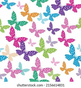 Seamless pattern with gradient colorful flying butterflies on a transparent background. Vector eps 10