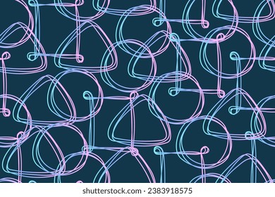 Seamless pattern with gradient doodles on a dark background. Abstract background. Triangles, squares and circles are hand drawn. Holographic chameleon design. Vector.
