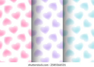 Seamless pattern gradient heart shapes. Pink, violet and blue pastel color. Cute romantic y2k background. Trendy Endless Print with Blurry Hearts on transparent Background. Falling colorful hearts.