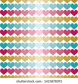 Seamless pattern with gradient hearts. Blue, pink and mustard colors.