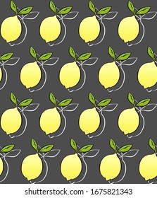 Seamless pattern with gradient yellow lemon and green leaf on pastel pink background. Polka dot texture. Vector stock for web, printing, textile and wallpaper. Summer and fresh mood