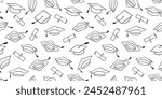 Seamless pattern with graduate hat and diploma scroll . Hand drawn university caps repeat backdrop. Academic hat line background