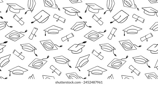 Seamless pattern with graduate hat and diploma scroll . Hand drawn university caps repeat backdrop. Academic hat line background