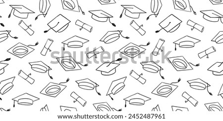 Seamless pattern with graduate hat and diploma scroll . Hand drawn university caps repeat backdrop. Academic hat line background