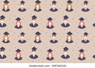 Seamless pattern of Graduated Multi Ethnic Diverse Students avatar in academic gown and cap. Pupil celebrating graduation, education during covid pandemic wearing medical face mask. Vector Background.