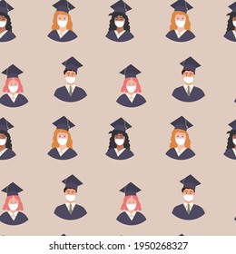 Seamless pattern of Graduated Multi Ethnic Diverse Students avatar in academic gown and cap. Pupil graduation during pandemic wearing medical face mask. Background education during covid pandemic.