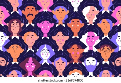 Seamless pattern graduates in pointed square hat with tassel. Vector illustration of students in mortarboard. Funny cartoon characters template in flat minimal style with outline. Graduation Academy.