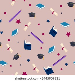 Patrón sin fisuras con gorras de graduación y diploma o certificados. Evento de graduación. Ilustración vectorial. Plantilla educativa Vector.