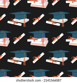 Seamless pattern of graduation cap on book stack with diploma. Pile of books, encyclopedias, education and success concept,university library, academic and school knowledge. Hand drawn cartoon pattern