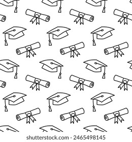 Seamless Pattern with Graduation Cap, Student Hat, Diploma Scroll  Doodle Icons. Education symbols Texture. Graduate Ceremony Signs Background Vector Illustration