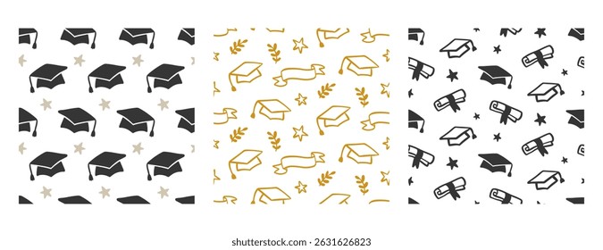 Seamless Pattern with Graduation Cap, Student Hat, Diploma Scroll  Doodle Icons. Education symbols Texture. Graduate Ceremony Signs Background Vector Illustration