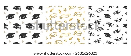 Seamless Pattern with Graduation Cap, Student Hat, Diploma Scroll  Doodle Icons. Education symbols Texture. Graduate Ceremony Signs Background Vector Illustration