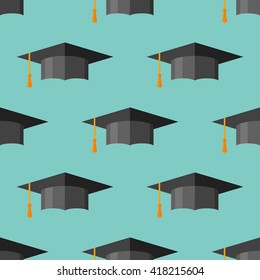 Seamless pattern with graduation cap. Vector texture.