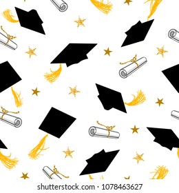 seamless pattern with graduation caps and diplomas with gold stars