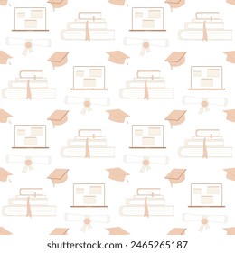 Seamless pattern with graduation caps, diplomas, and book stacks representing education and achievement. Soft pastel orange and white education repeat background. Vector hand drawn illustration.