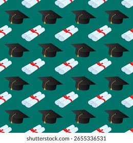 Seamless pattern with graduation caps and diplomas on green background. For back to school, academic achievement, and school celebration theme, or school supplies, stationery design, wrapping paper.