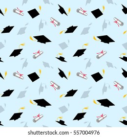 seamless pattern with graduation caps and diplomas on a background of blue sky
