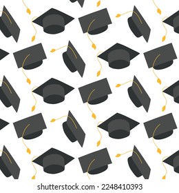 Seamless pattern with graduation caps. End of school. Vector illustration. Flat hand drawn style.