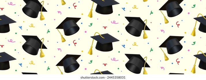 Seamless pattern of graduation hats in different positions. Abstract background with black graduation cap in 3D style and multi-colored confetti. Graduation concept.