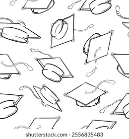 Seamless Pattern of Graduation Hats in Minimalist Doodle Style