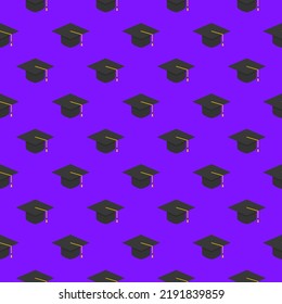 Seamless pattern graduation hats on purple background.