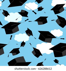 Seamless pattern with graduation hats thrown up in the clouds sky. Vector educate cap illustration