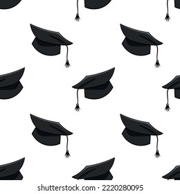 Seamless pattern with graduation student cap doodle vector