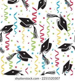 Seamless Pattern of Graduation with graduation toga cap, Confetti and Stars- Graduations vector Illustration