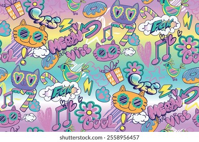 Seamless pattern with Graffiti, car hands, notes, birds, Comics elements, gradient background, Arrow, paw, gift box, heart, lollipop, stars, text Meow, Vibe. Urban graffiti print for girl textile