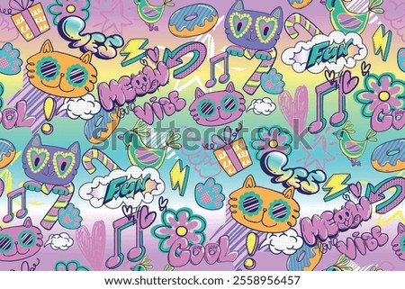 Seamless pattern with Graffiti, car hands, notes, birds, Comics elements, gradient background, Arrow, paw, gift box, heart, lollipop, stars, text Meow, Vibe. Urban graffiti print for girl textile