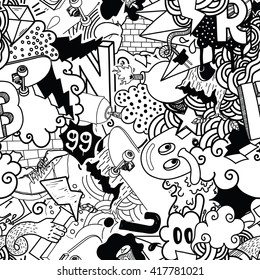 Seamless pattern. Graffiti doodles street art illustration in black white. Composition with bizarre elements and characters for skate board, clothing, streetwear, wallpapers, textile, fabric