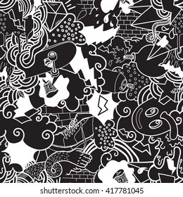 Seamless pattern. Graffiti doodles street art illustration in black white. Composition with bizarre elements and characters for skate board, clothing, streetwear, wallpapers, textile, fabric