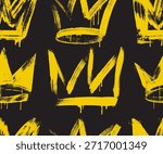Seamless pattern graffiti drawing symbols. Spray painted graffiti crown sign with drip. Grunge bold crown with spray texture. Street art style drawing. Seamless pattern brush drawn grunge rough symbol