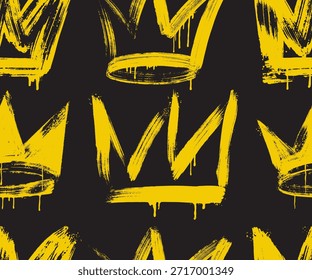 Patrón sin fisuras graffiti dibujo símbolos. Muestra de corona de graffiti pintada en aerosol con goteo. Corona de grunge con textura en spray. Dibujo de estilo de arte callejero. Pincel de patrón sin fisuras dibujado grunge símbolo áspero